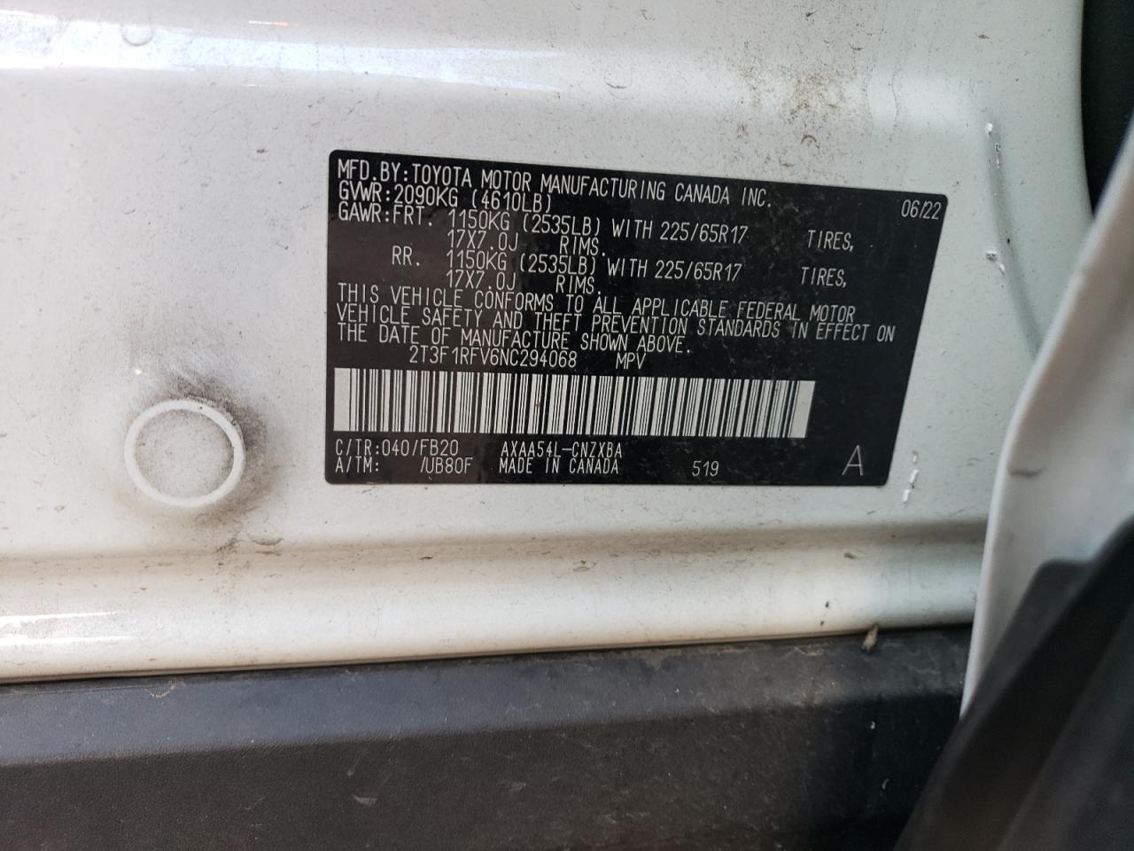 2022 TOYOTA RAV4 LE VIN:2T3F1RFV6NC294068