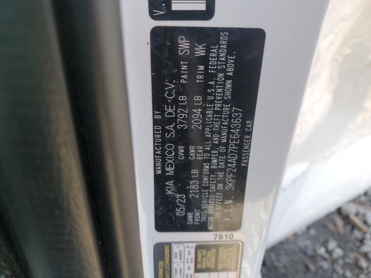 2023 KIA FORTE LX VIN:3KPF24AD7PE643637