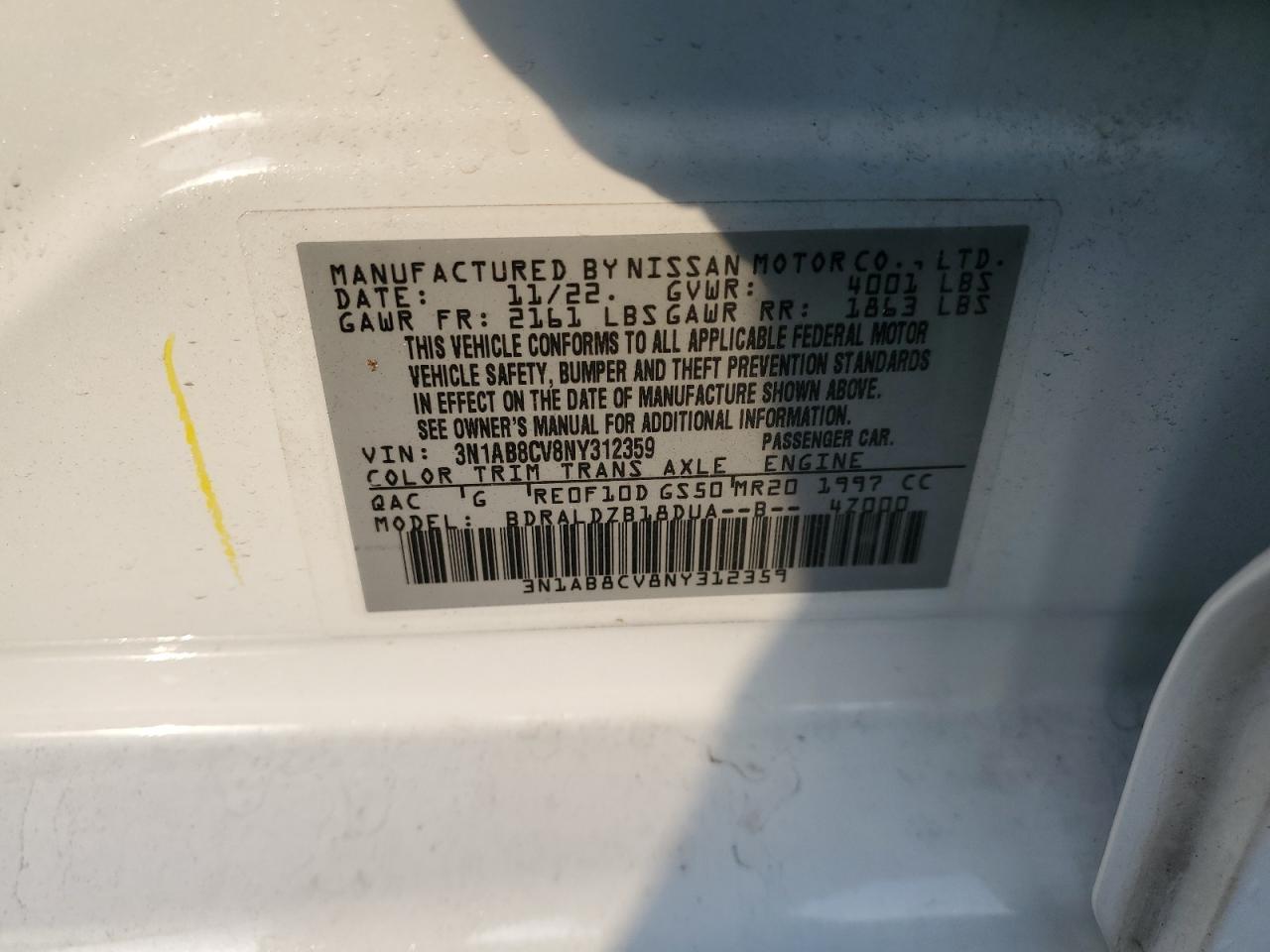 2022 NISSAN SENTRA SV VIN:3N1AB8CV8NY312359
