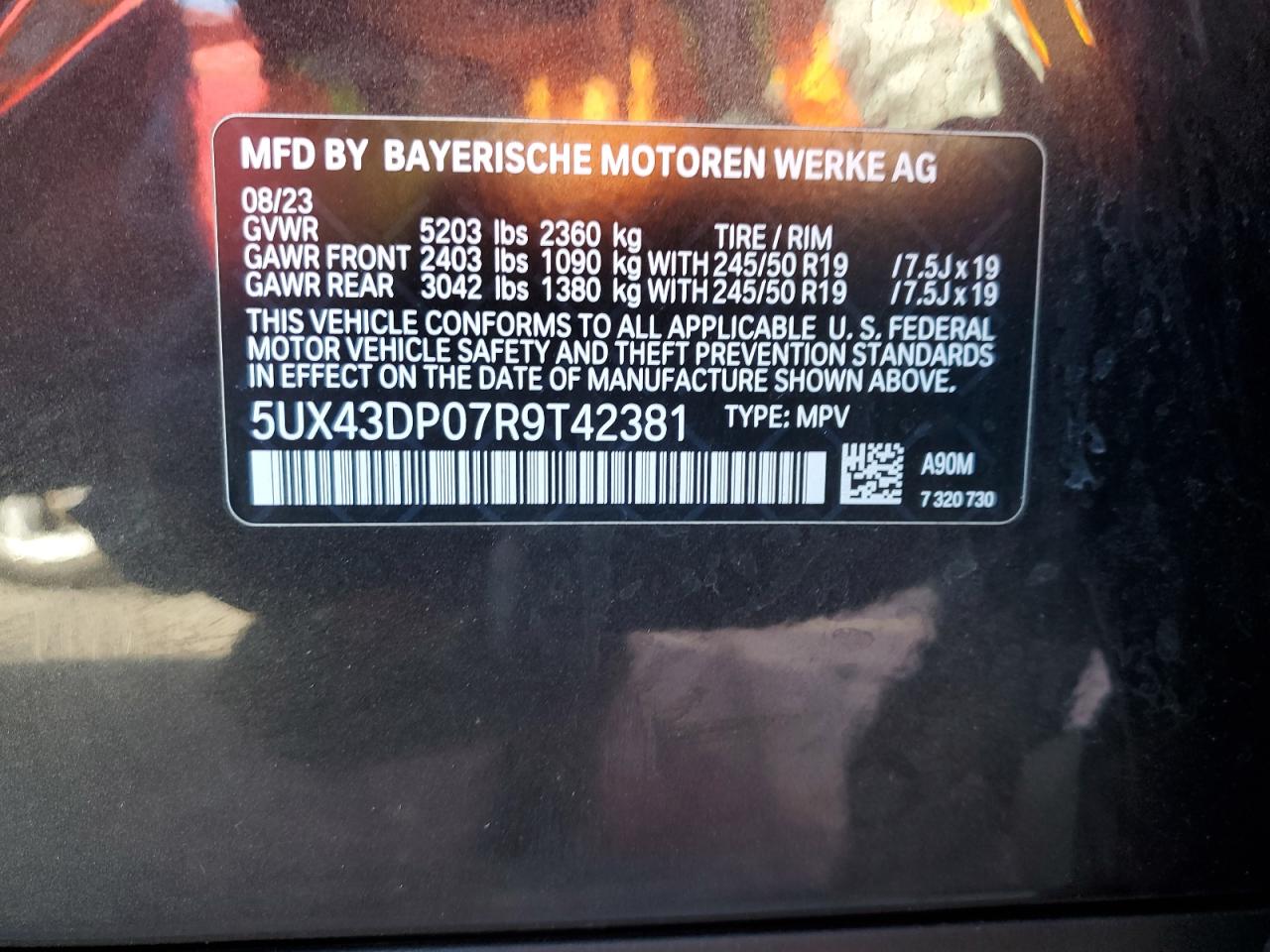 2024 BMW X3 SDRIVE30I VIN:5UX43DP07R9T42381