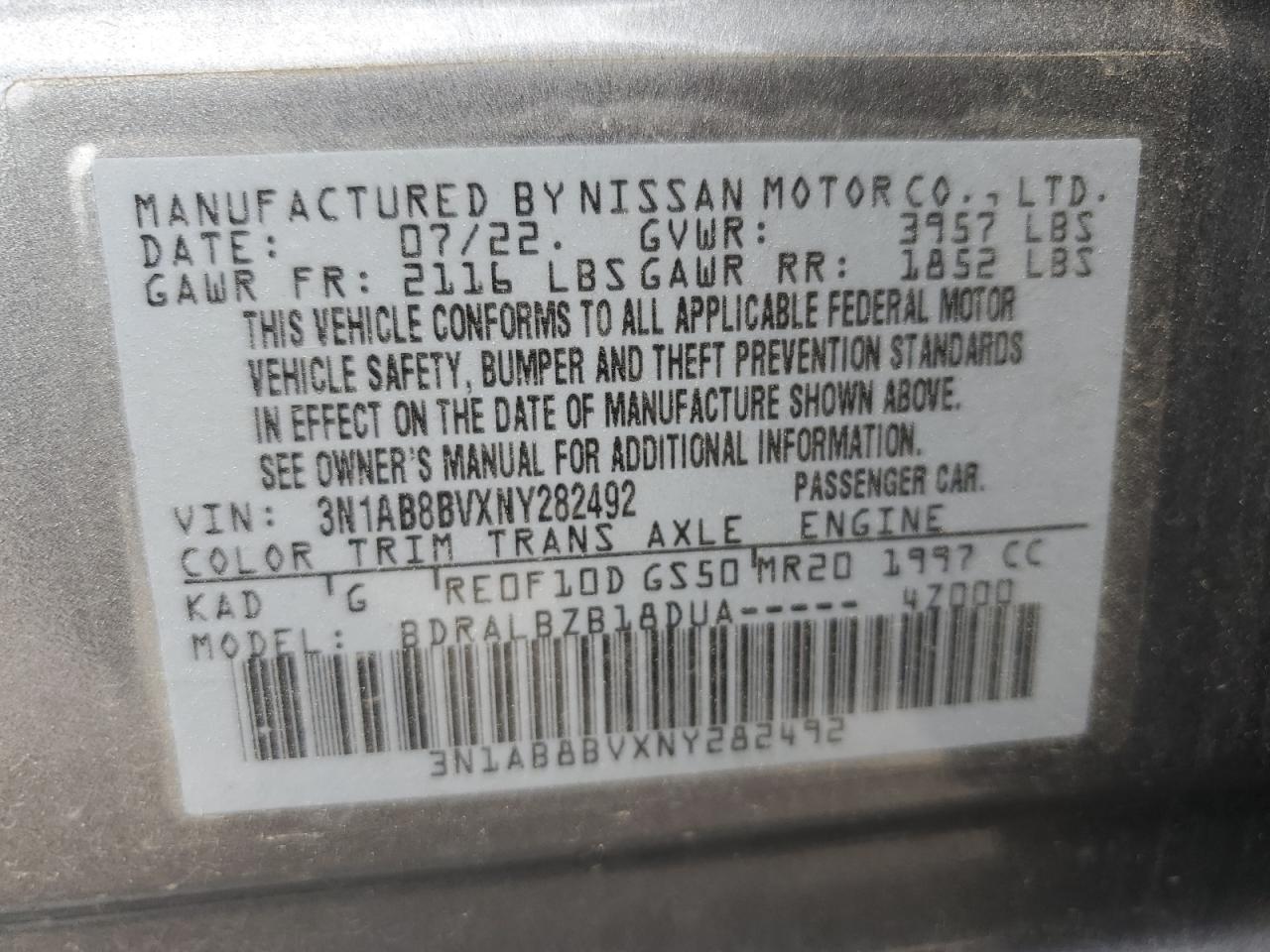 2022 NISSAN SENTRA S VIN:3N1AB8BVXNY282492