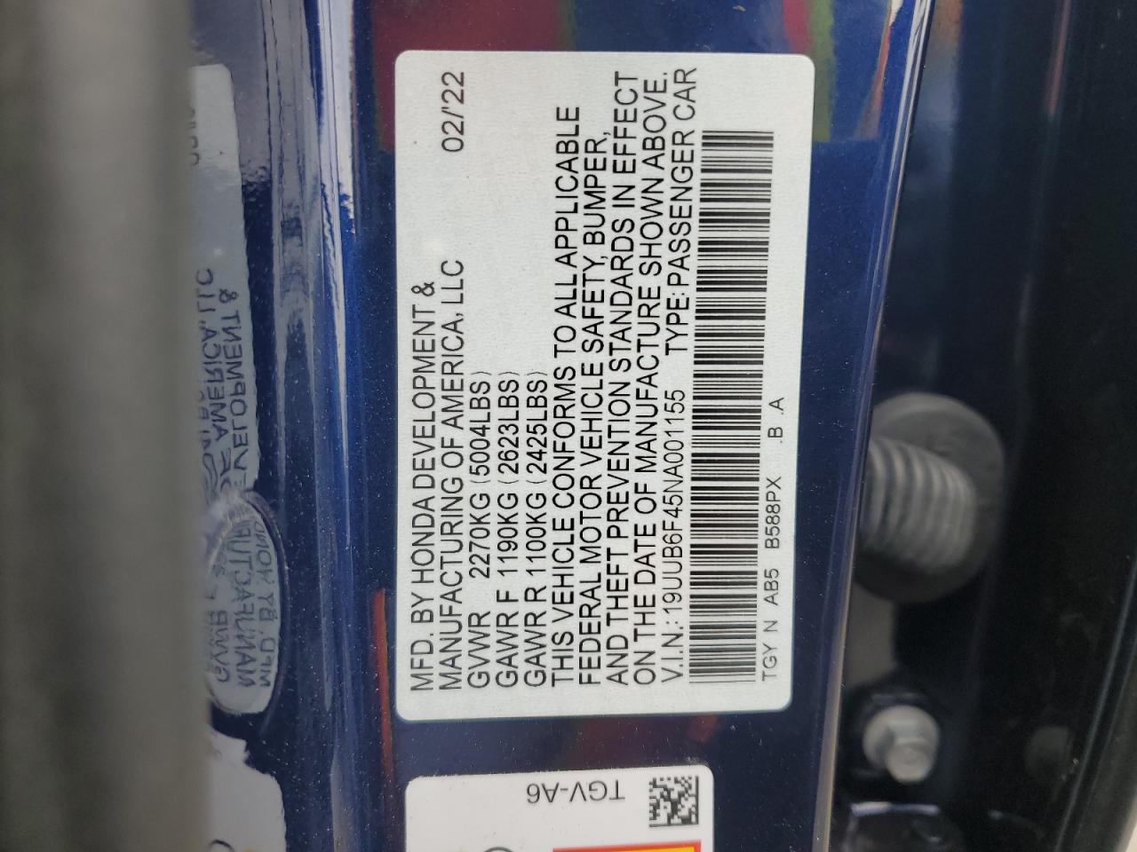 2022 ACURA TLX TECHNOLOGY VIN:19UUB6F45NA001155