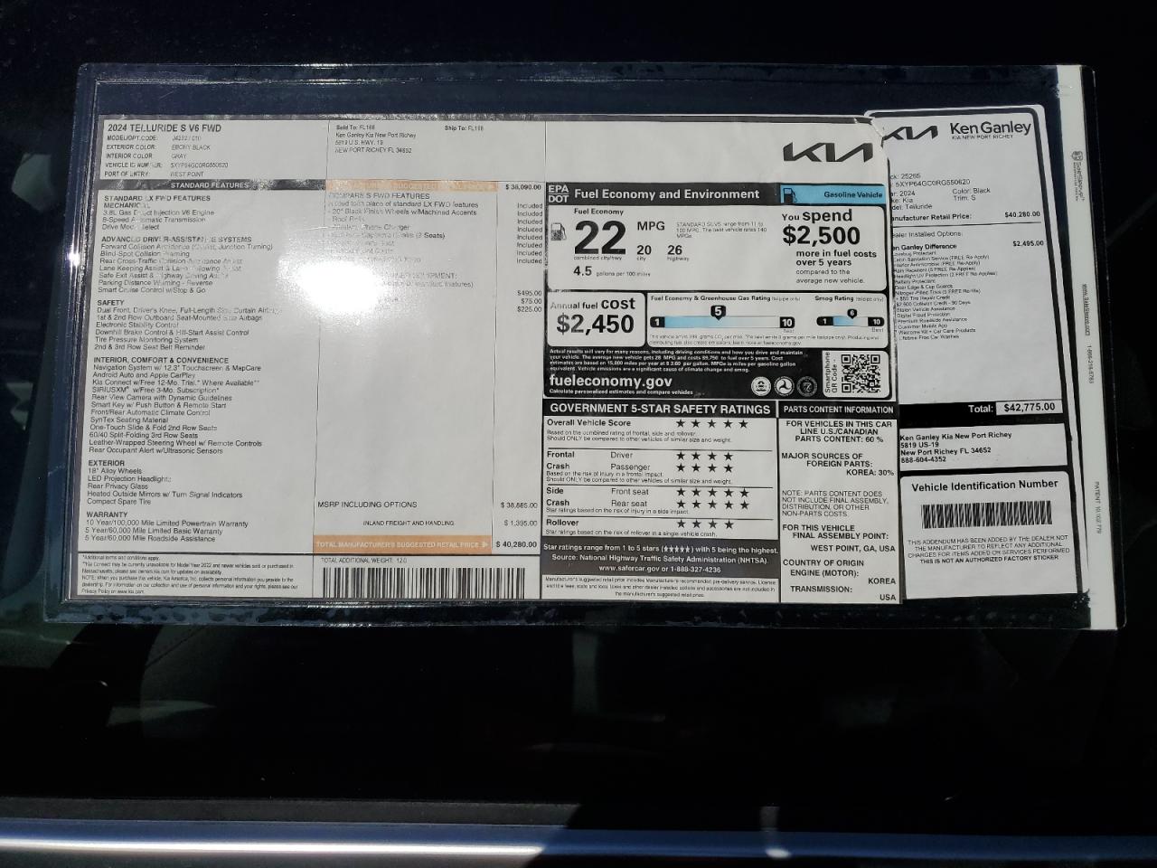 2024 KIA TELLURIDE S VIN:5XYP64GC0RG550620