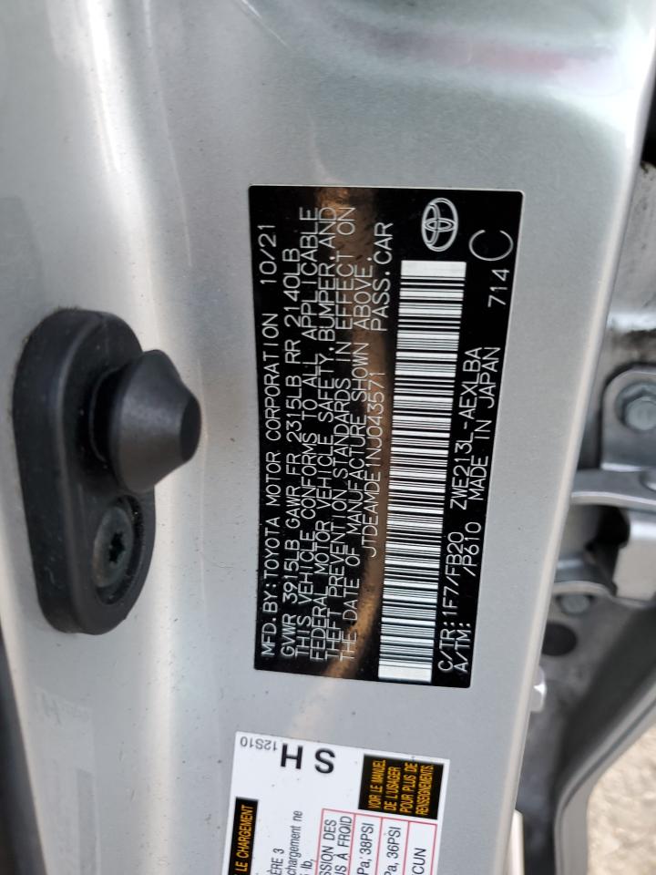 2022 TOYOTA COROLLA LE VIN:JTDEAMDE1NJ043571