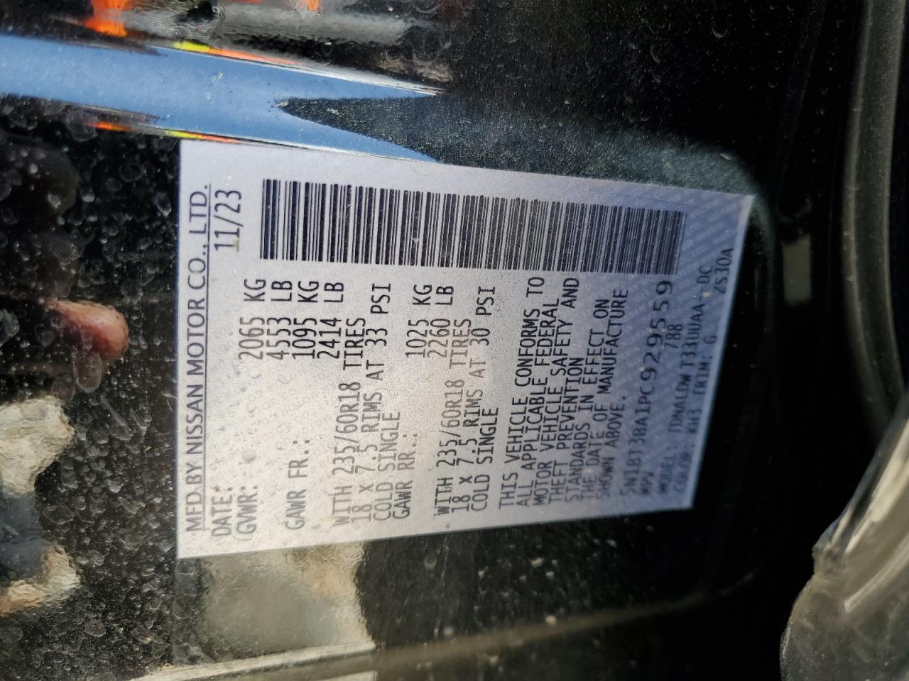 2023 NISSAN ROGUE SV VIN:5N1BT3BA1PC929559