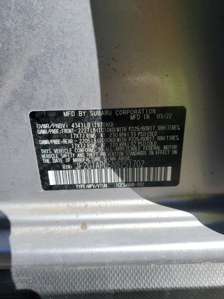 2022 SUBARU CROSSTREK PREMIUM VIN:JF2GTAPC5N8251702