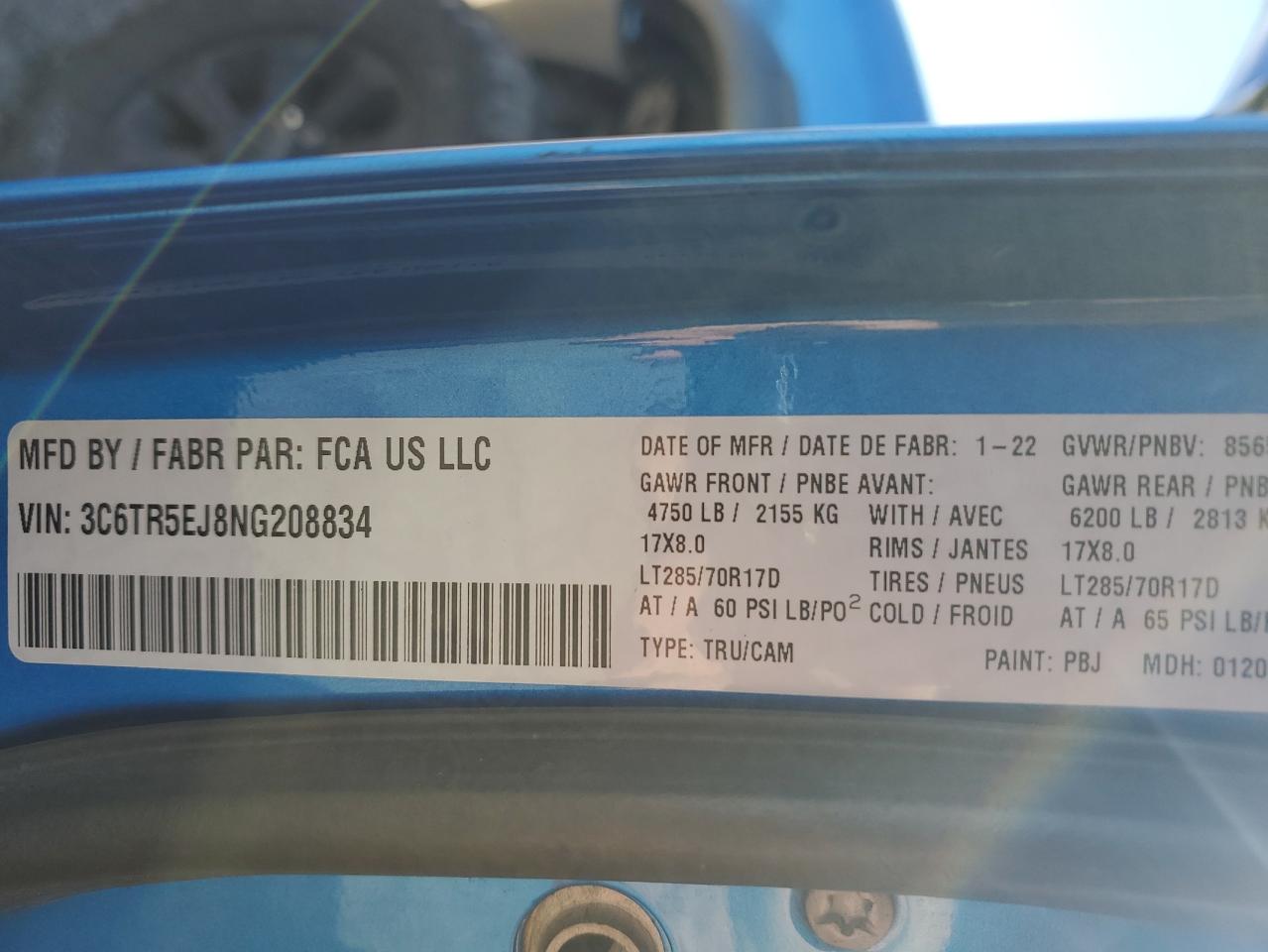 2022 RAM 2500 POWERWAGON VIN:3C6TR5EJ8NG208834