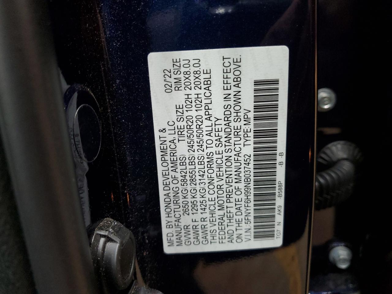 2022 HONDA PILOT TOURING VIN:5FNYF6H99NB037452