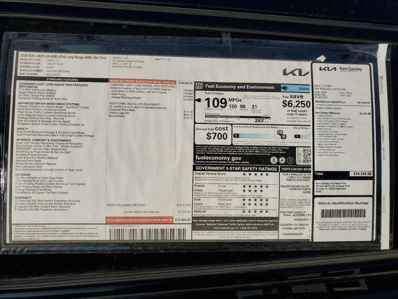 2024 KIA EV6 LIGHT VIN:KNDC3DLC0R5187998