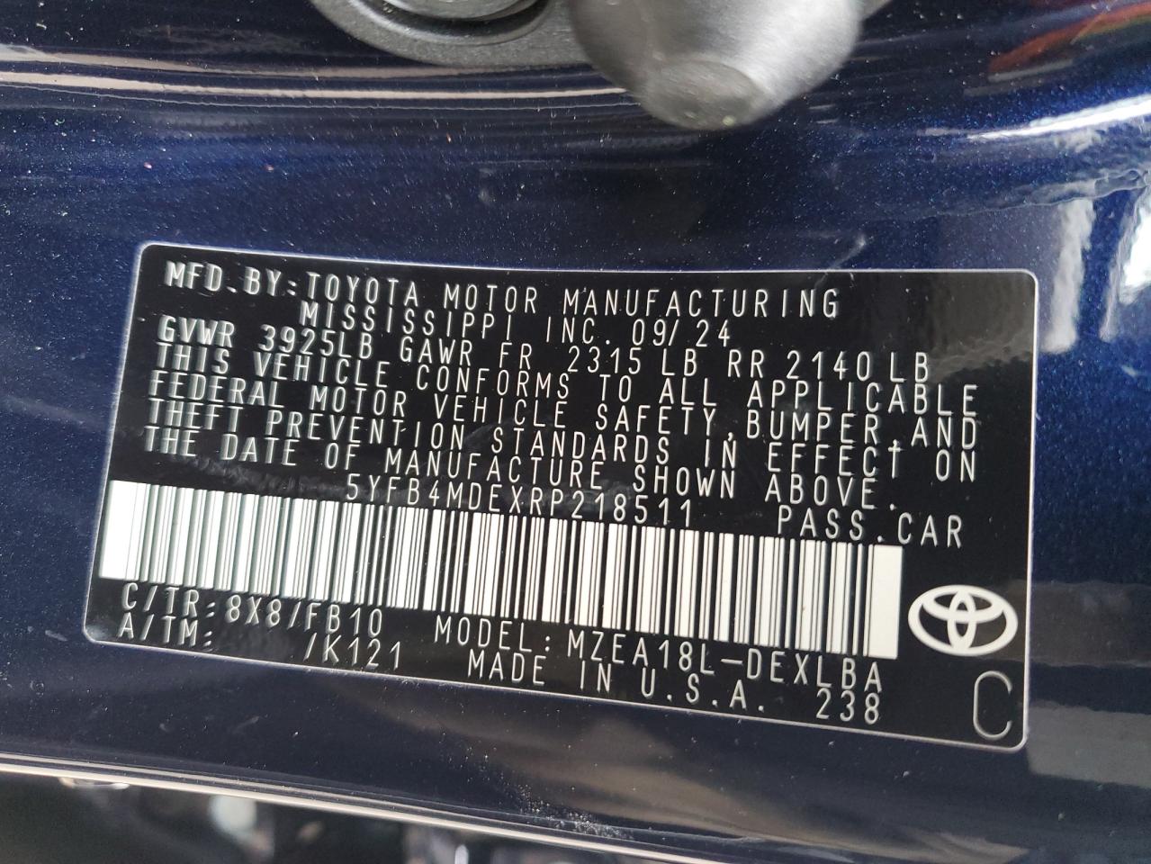 2024 TOYOTA COROLLA LE VIN:5YFB4MDEXRP218511