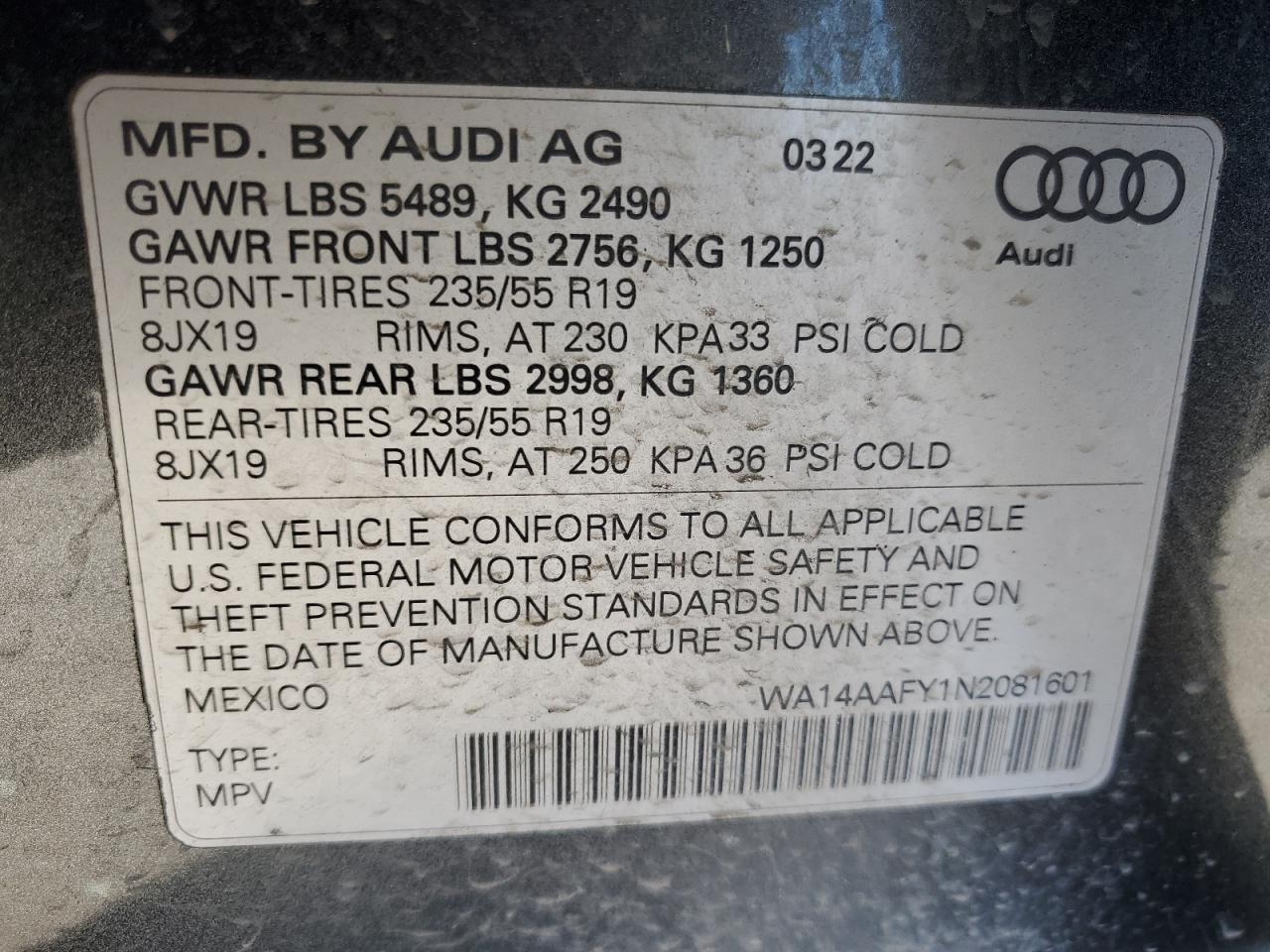 2022 AUDI Q5 SPORTBACK PREMIUM 45 VIN:WA14AAFY1N2081601