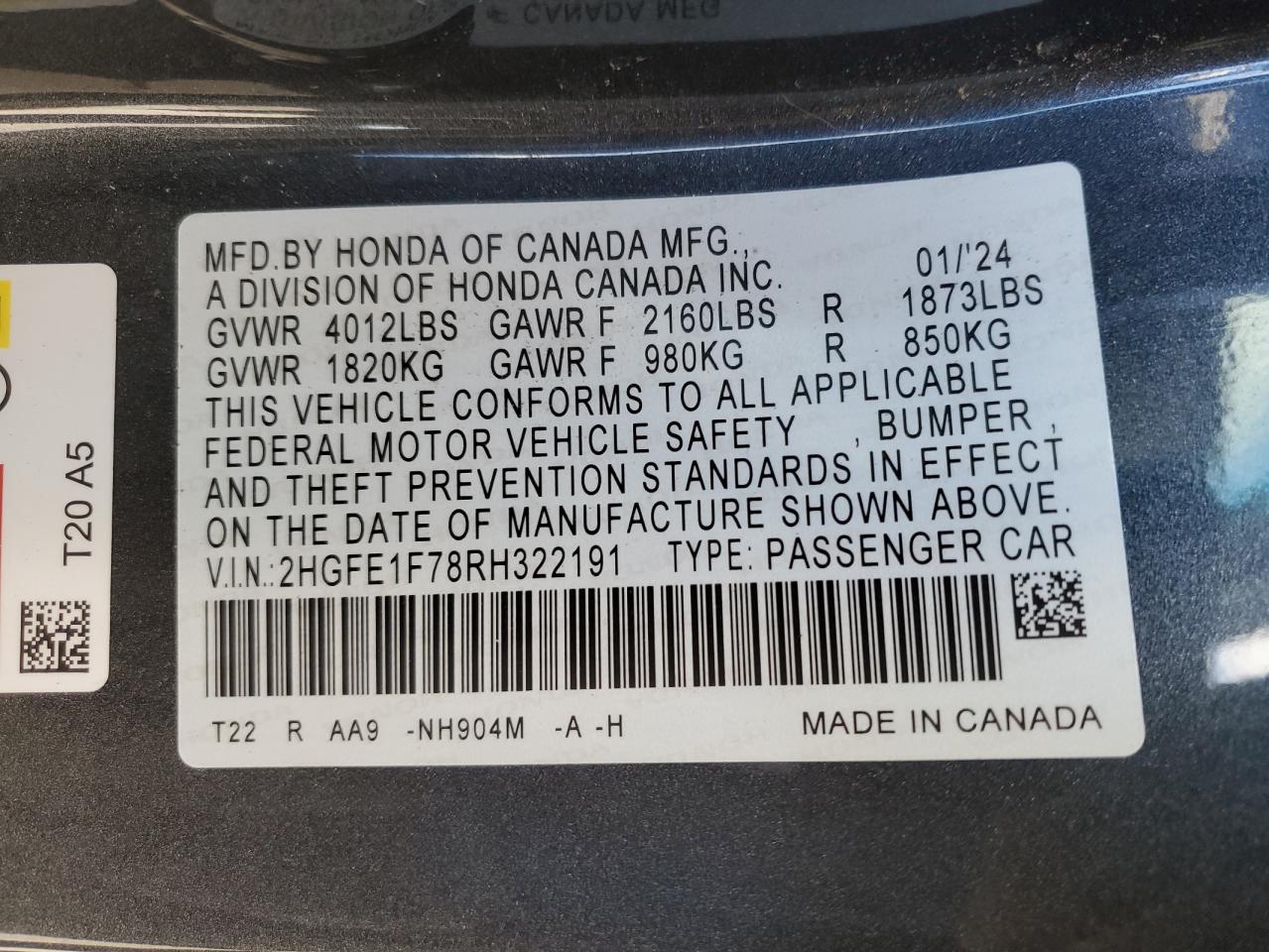 2024 HONDA CIVIC EX VIN:KMHEC4A45DA095642