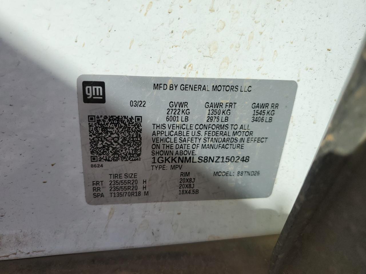 2022 GMC ACADIA SLT VIN:1GKKNMLS8NZ150248