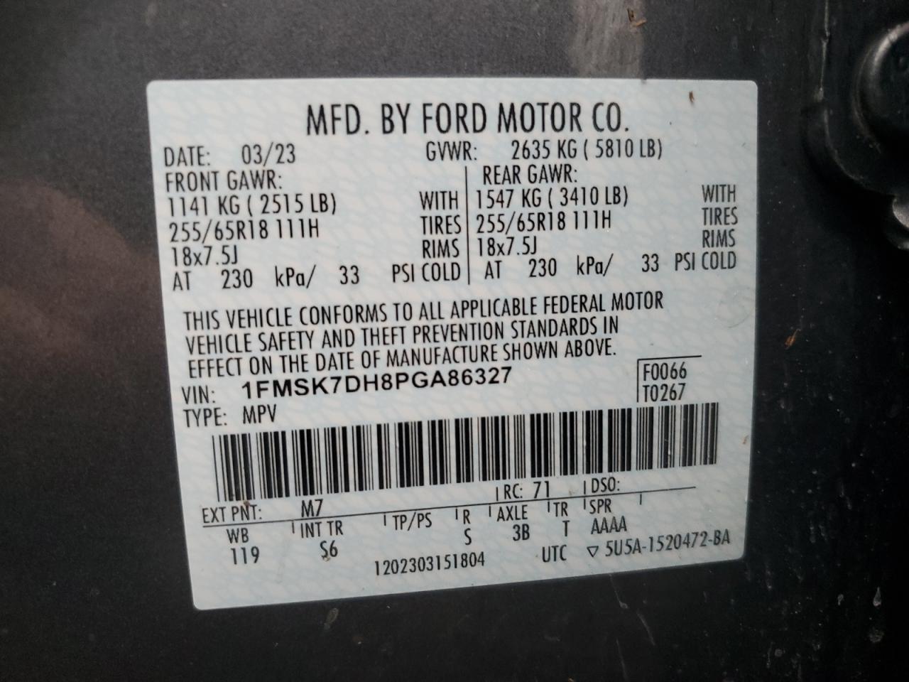 2023 FORD EXPLORER XLT VIN:1FMSK7DH8PGA86327