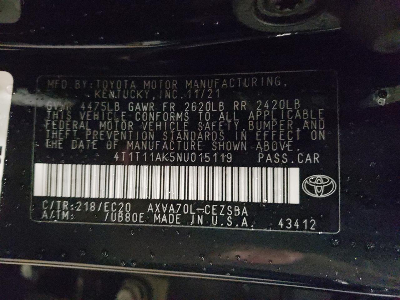 2022 TOYOTA CAMRY SE VIN:4T1T11AK5NU015119