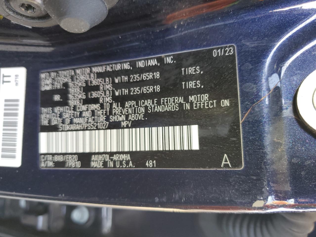 2023 TOYOTA HIGHLANDER HYBRID XLE VIN:5TDKARAH7PS521027