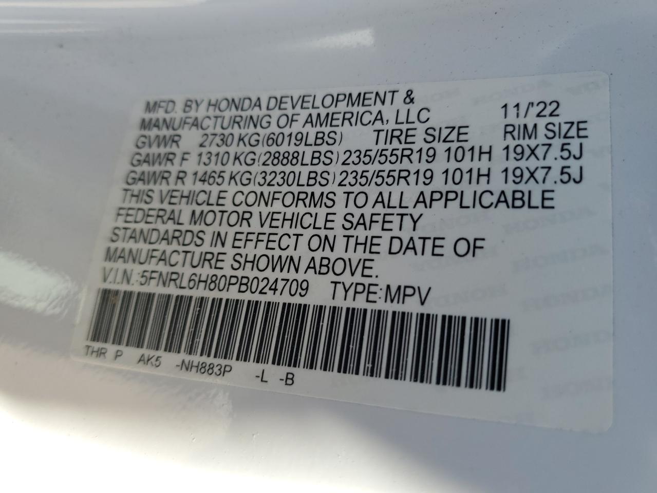 2023 HONDA ODYSSEY TOURING VIN:5FNRL6H80PB024709