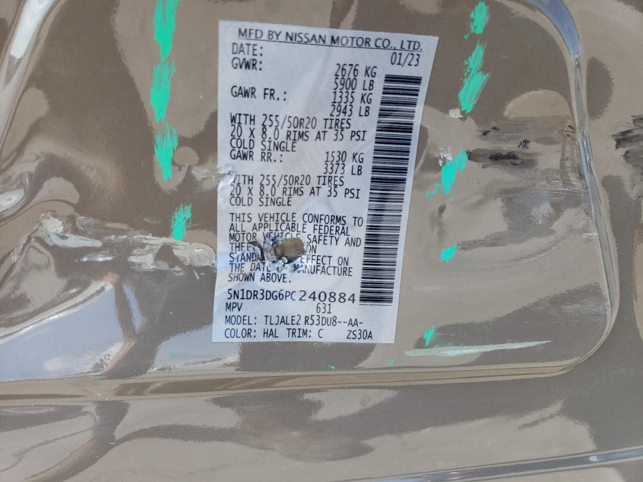 2023 NISSAN PATHFINDER PLATINUM VIN:5N1DR3DG6PC240884