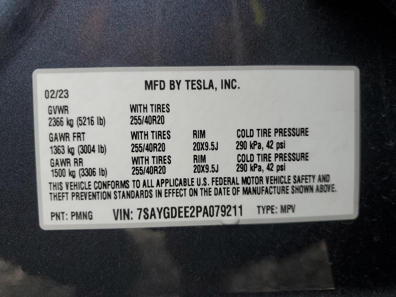 2023 TESLA MODEL Y  VIN:7SAYGDEE2PA079211