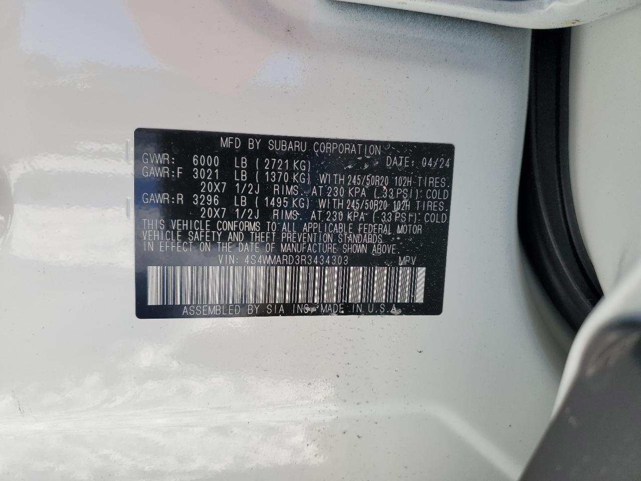 2024 SUBARU ASCENT LIMITED VIN:4S4WMARD3R3434303