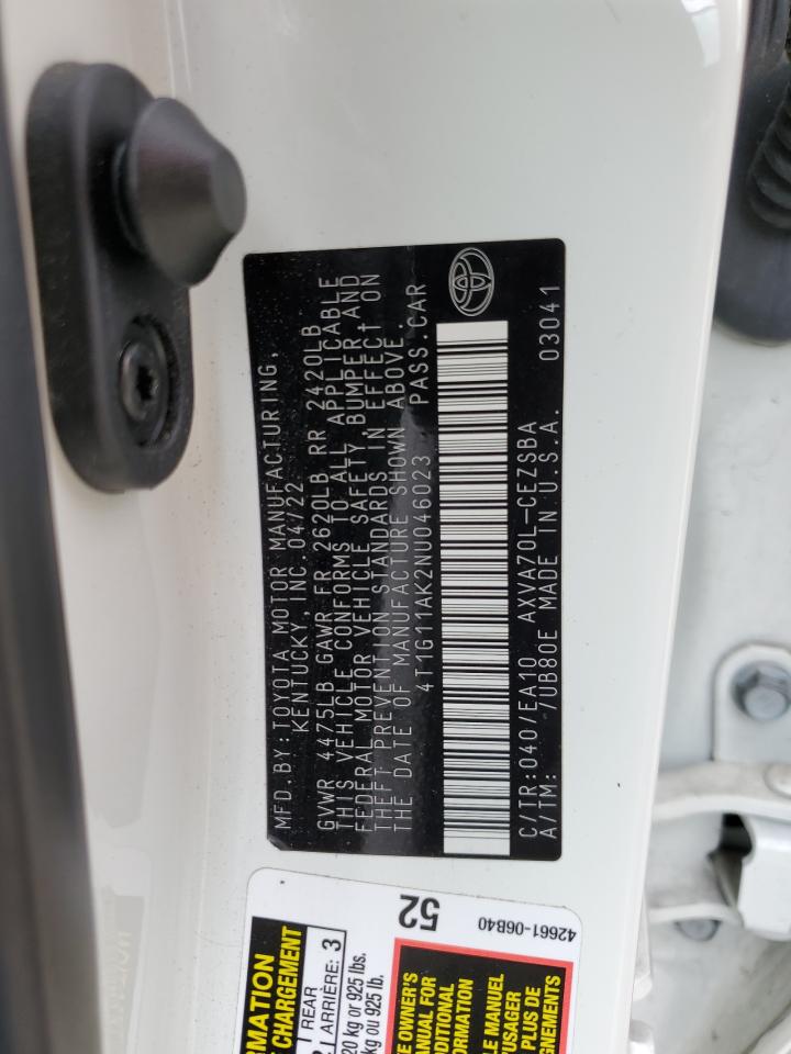 2022 TOYOTA CAMRY SE VIN:4T1G11AK2NU046023