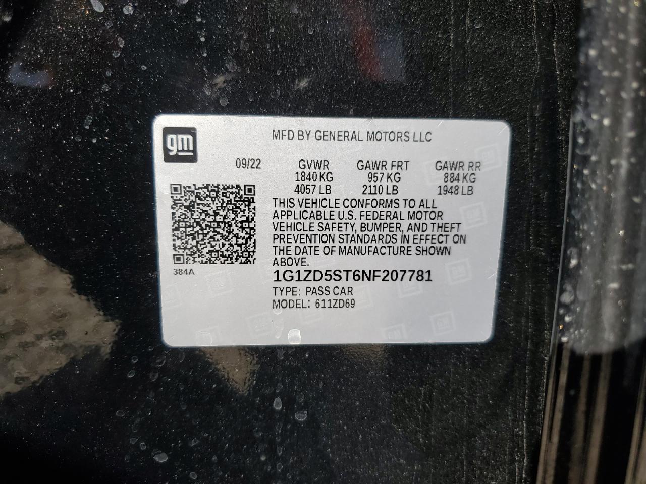 2022 CHEVROLET MALIBU LT VIN:1G1ZD5ST6NF207781