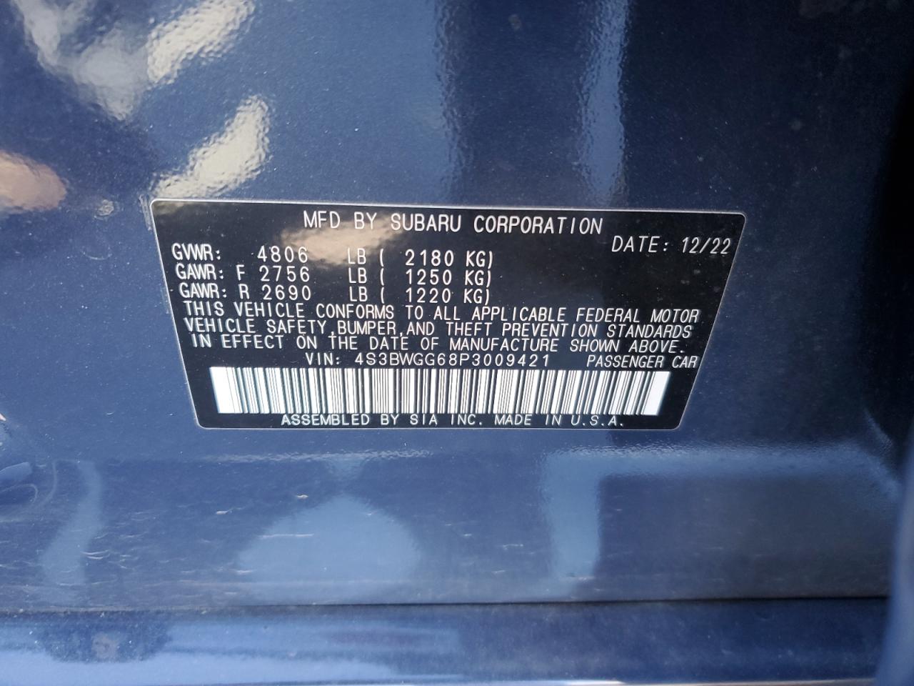 2023 SUBARU LEGACY SPORT VIN:4S3BWGG68P3009421