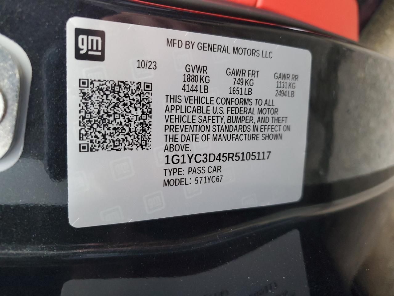 2024 CHEVROLET CORVETTE STINGRAY 3LT VIN:1G1YC3D45R5105117