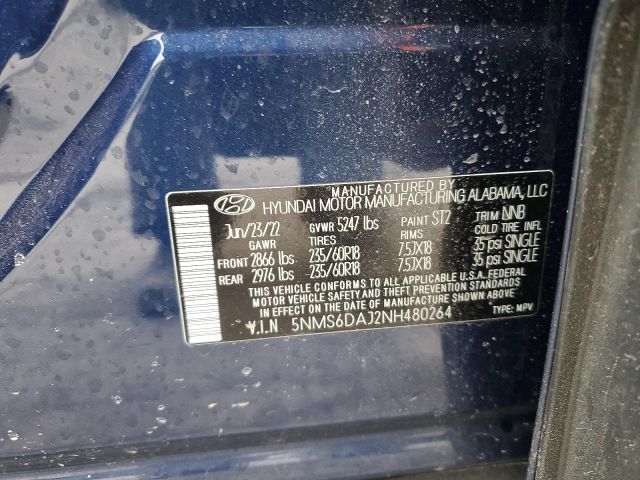 2022 HYUNDAI SANTA FE SEL VIN:5NMS6DAJ2NH480264