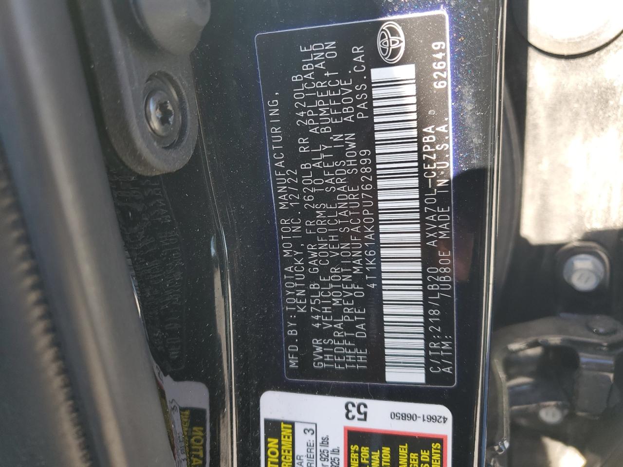 2023 TOYOTA CAMRY XSE VIN:4T1K61AK0PU762899