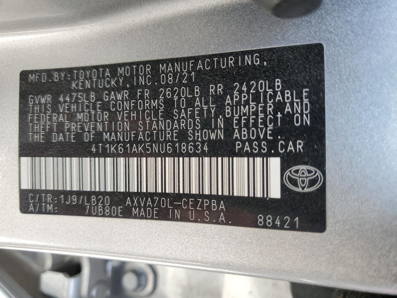 2022 TOYOTA CAMRY XSE VIN:4T1K61AK5NU618634