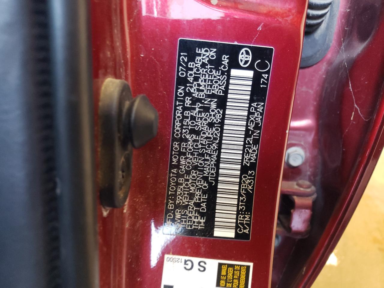 2022 TOYOTA COROLLA LE VIN:JTDEPMAE9NJ201982