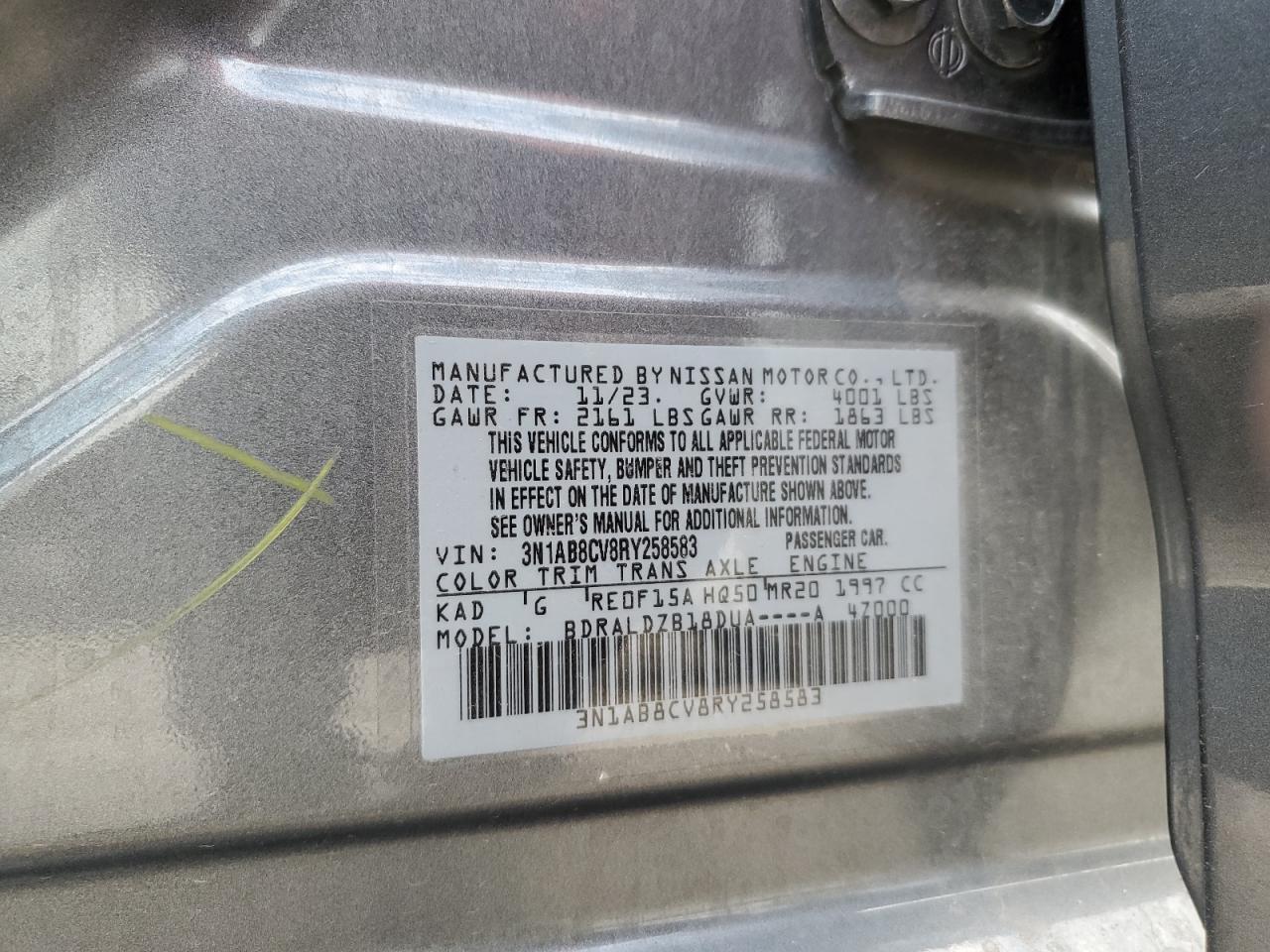 2024 NISSAN SENTRA SV VIN:3N1AB8CV8RY258583