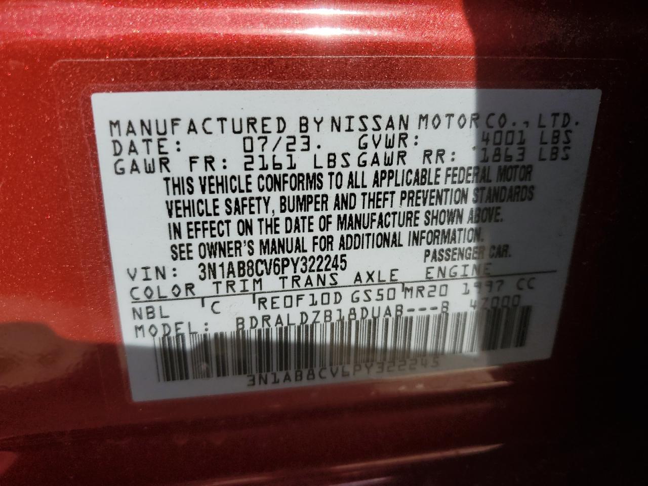 2023 NISSAN SENTRA SV VIN:3N1AB8CV6PY322245
