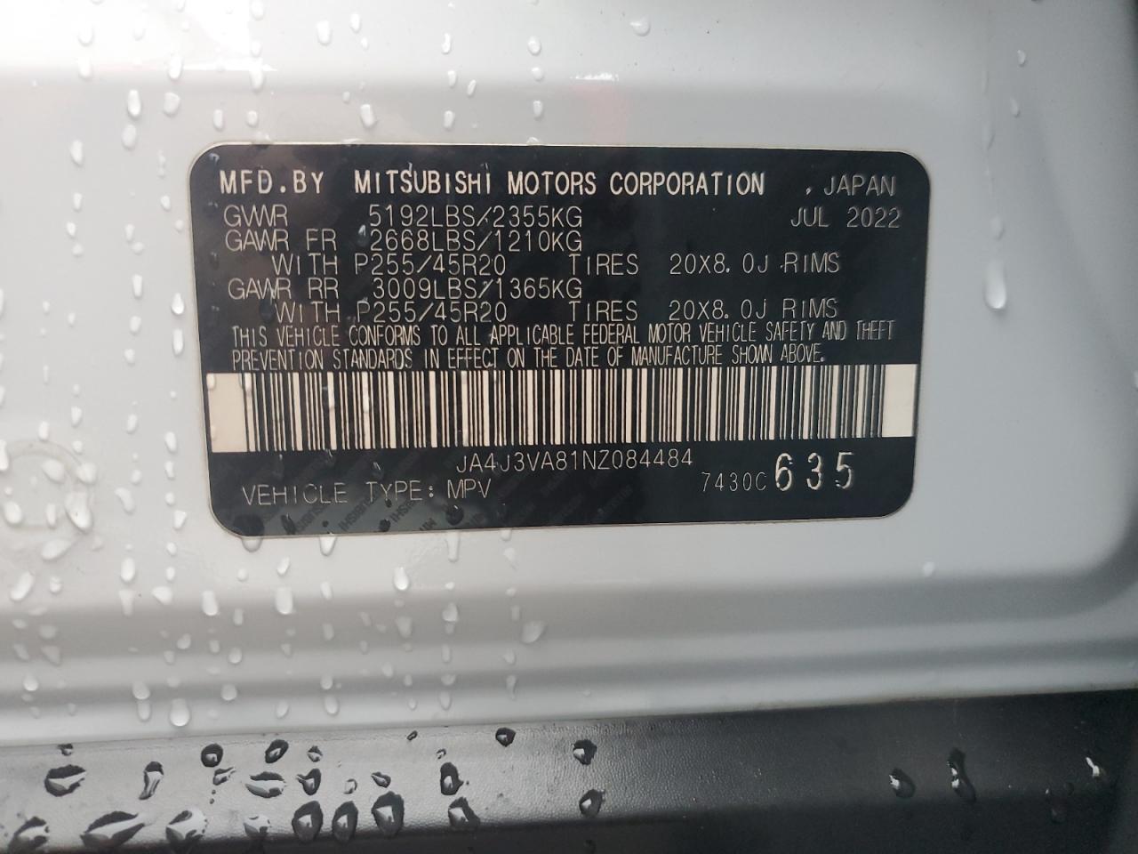 2022 MITSUBISHI OUTLANDER SEL VIN:JA4J3VA81NZ084484