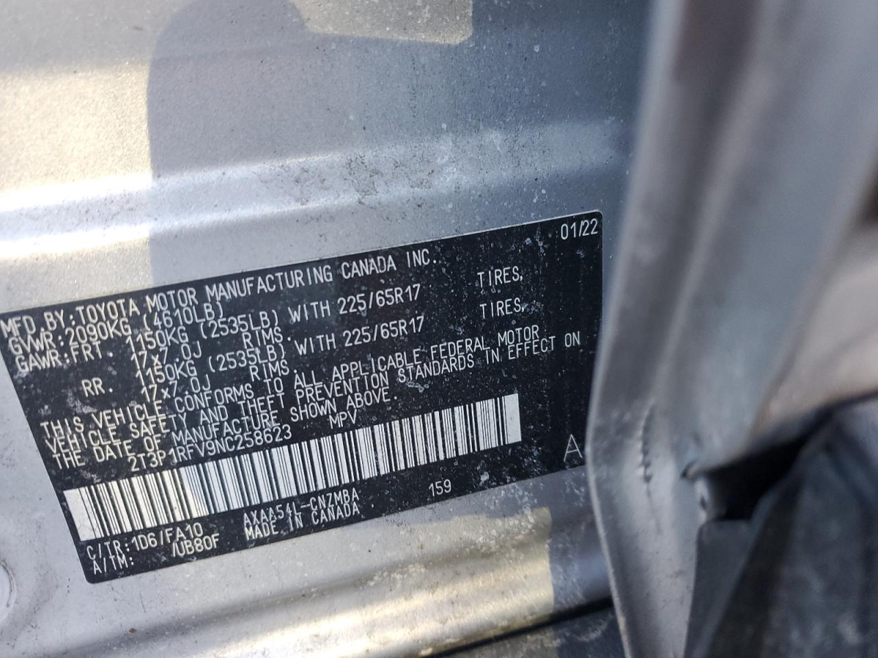 2022 TOYOTA RAV4 XLE VIN:2T3P1RFV9NC258623