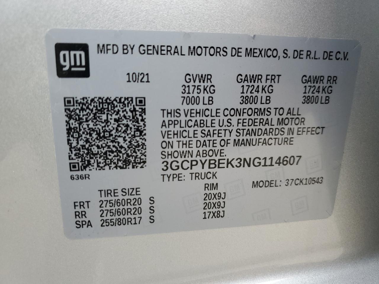 2022 CHEVROLET SILVERADO LTD K1500 CUSTOM VIN:3GCPYBEK3NG114607