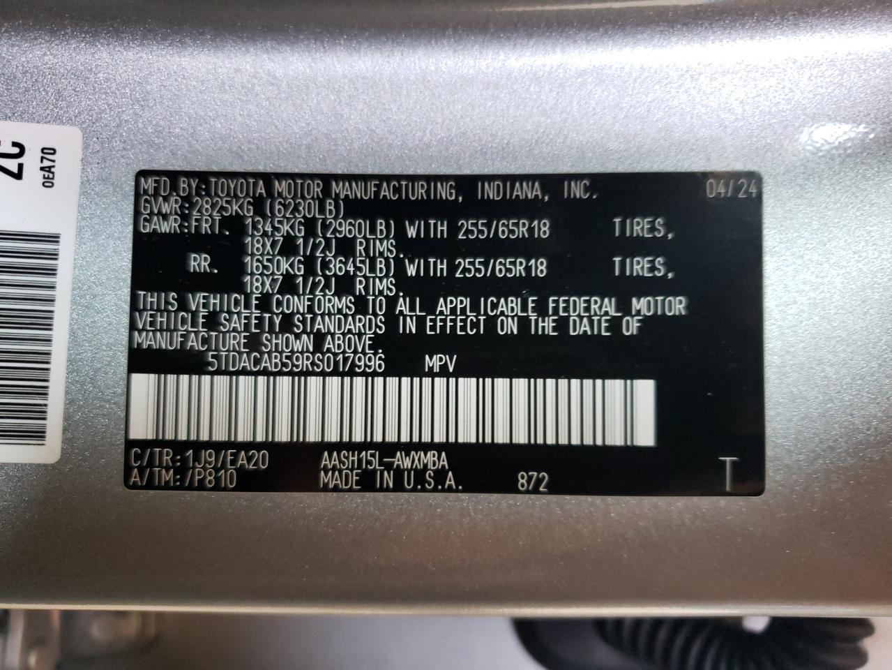 2024 TOYOTA GRAND HIGHLANDER XLE VIN:5TDACAB59RS017996