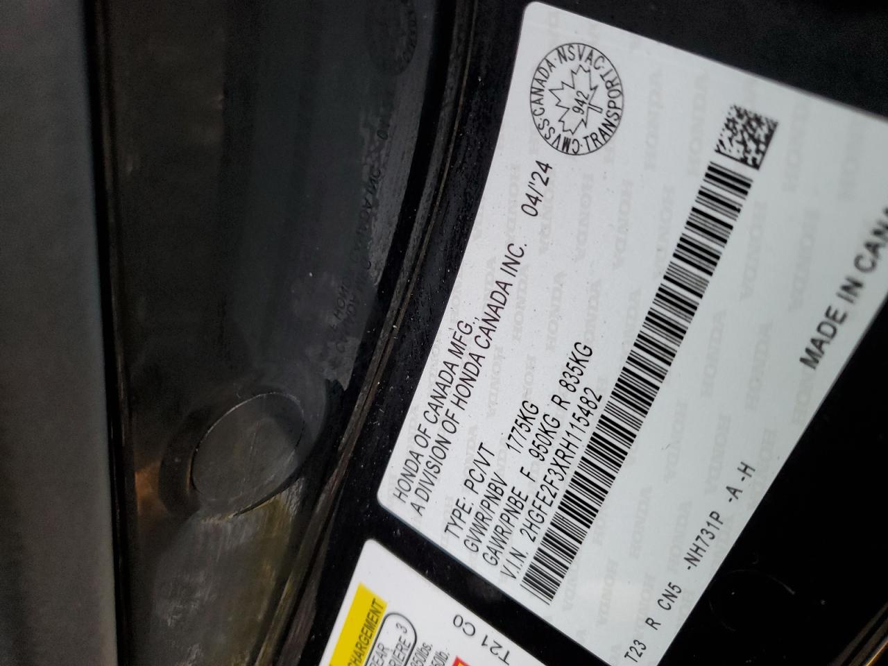 2024 HONDA CIVIC EX VIN:2HGFE2F3XRH115482