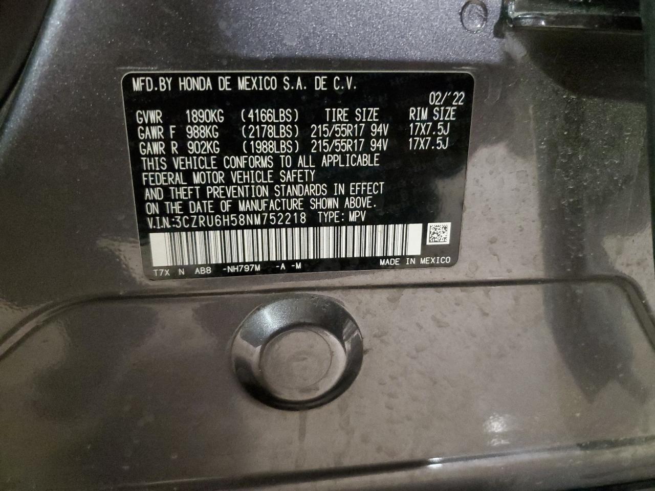 2022 HONDA HR-V EX VIN:3CZRU6H58NM752218