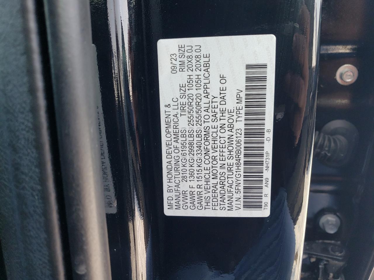 2024 HONDA PILOT ELITE VIN:5FNYG1H84RB006123