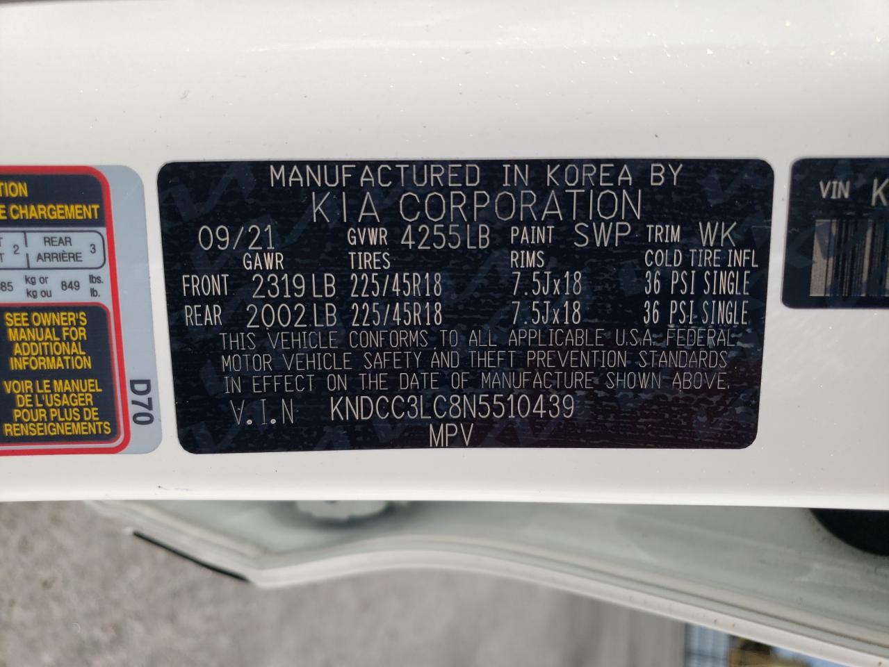 2022 KIA NIRO TOURING SPECIAL EDITION VIN:KNDCC3LC8N5510439