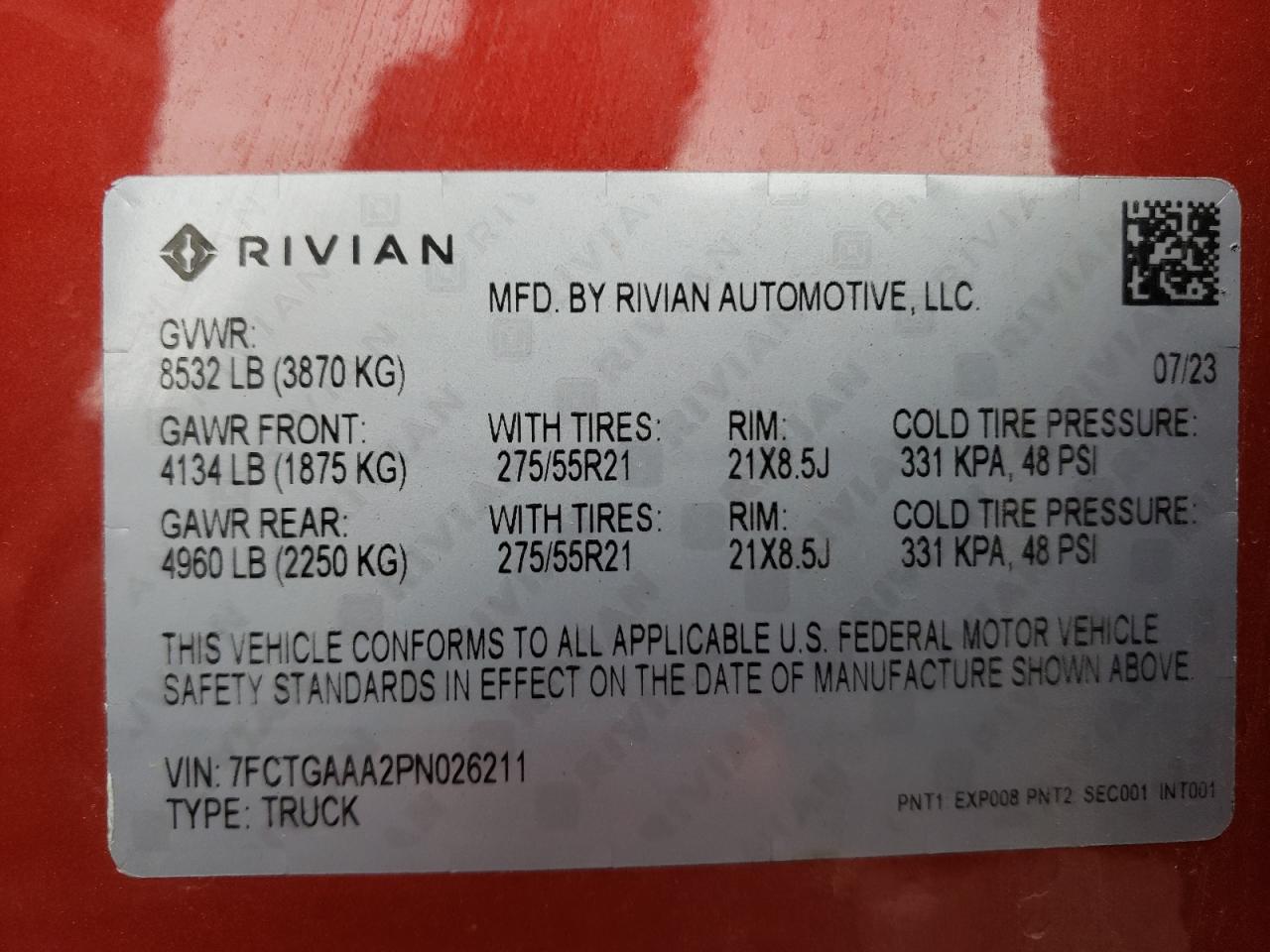 2023 RIVIAN R1T ADVENTURE VIN:7FCTGAAA2PN026211