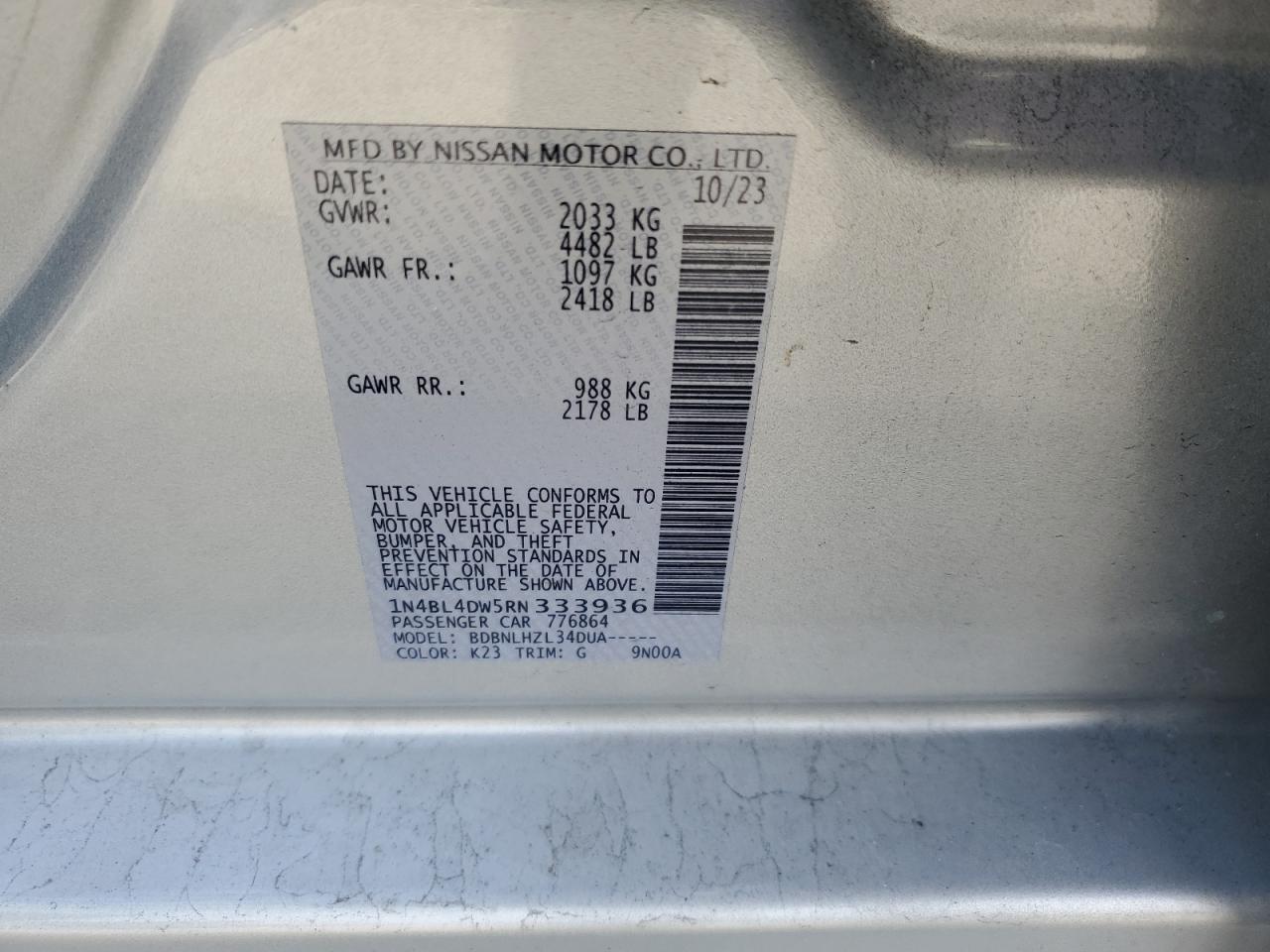 2024 NISSAN ALTIMA SV VIN:1N4BL4DW5RN333936