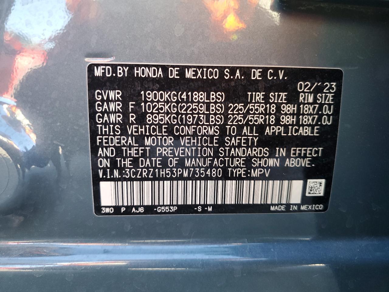 2023 HONDA HR-V SPORT VIN:3CZRZ1H53PM735480