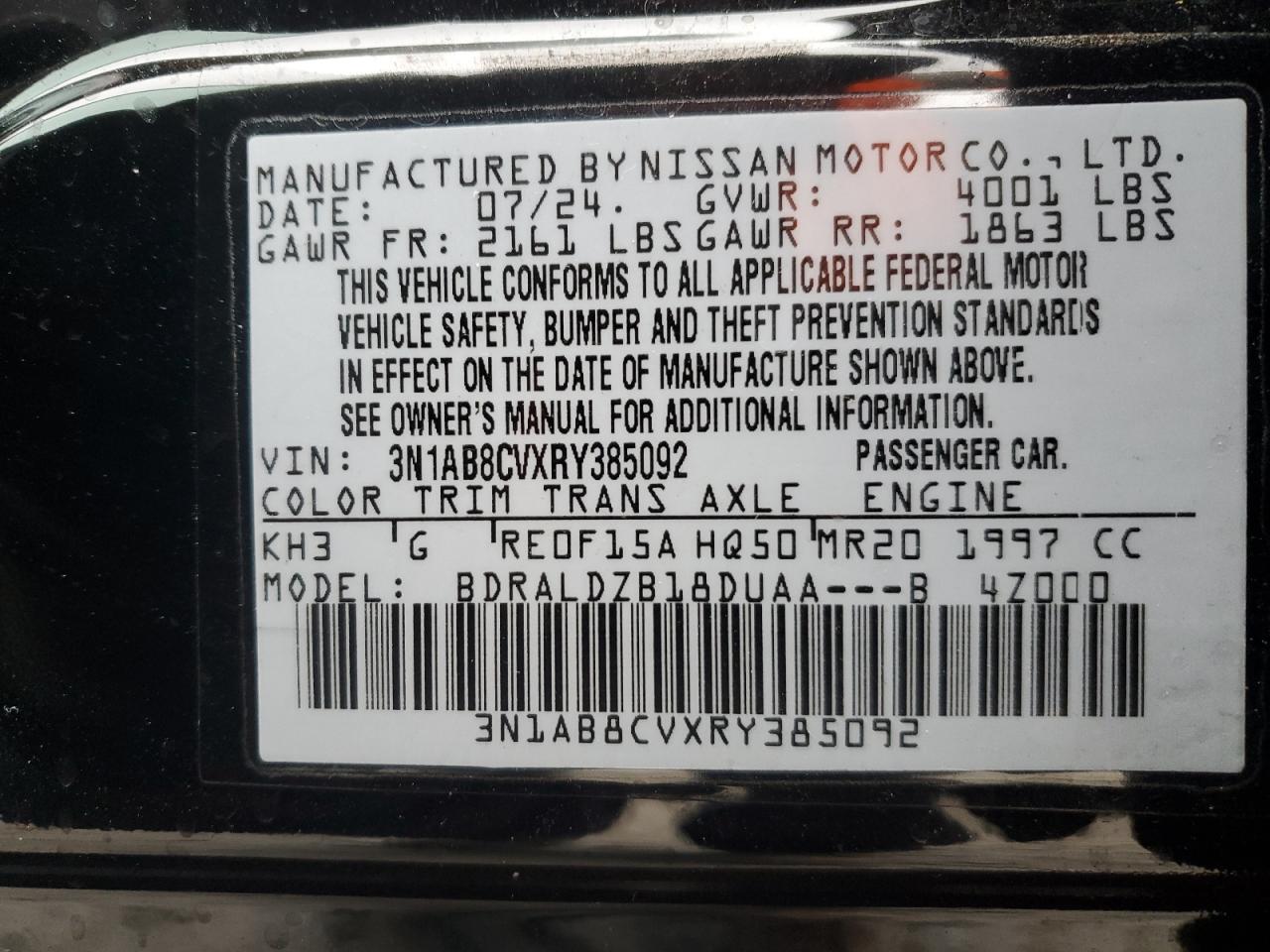 2024 NISSAN SENTRA SV VIN:3N1AB8CVXRY385092