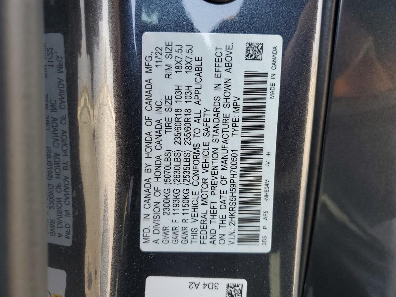 2023 HONDA CR-V SPORT VIN:2HKRS5H59PH700501
