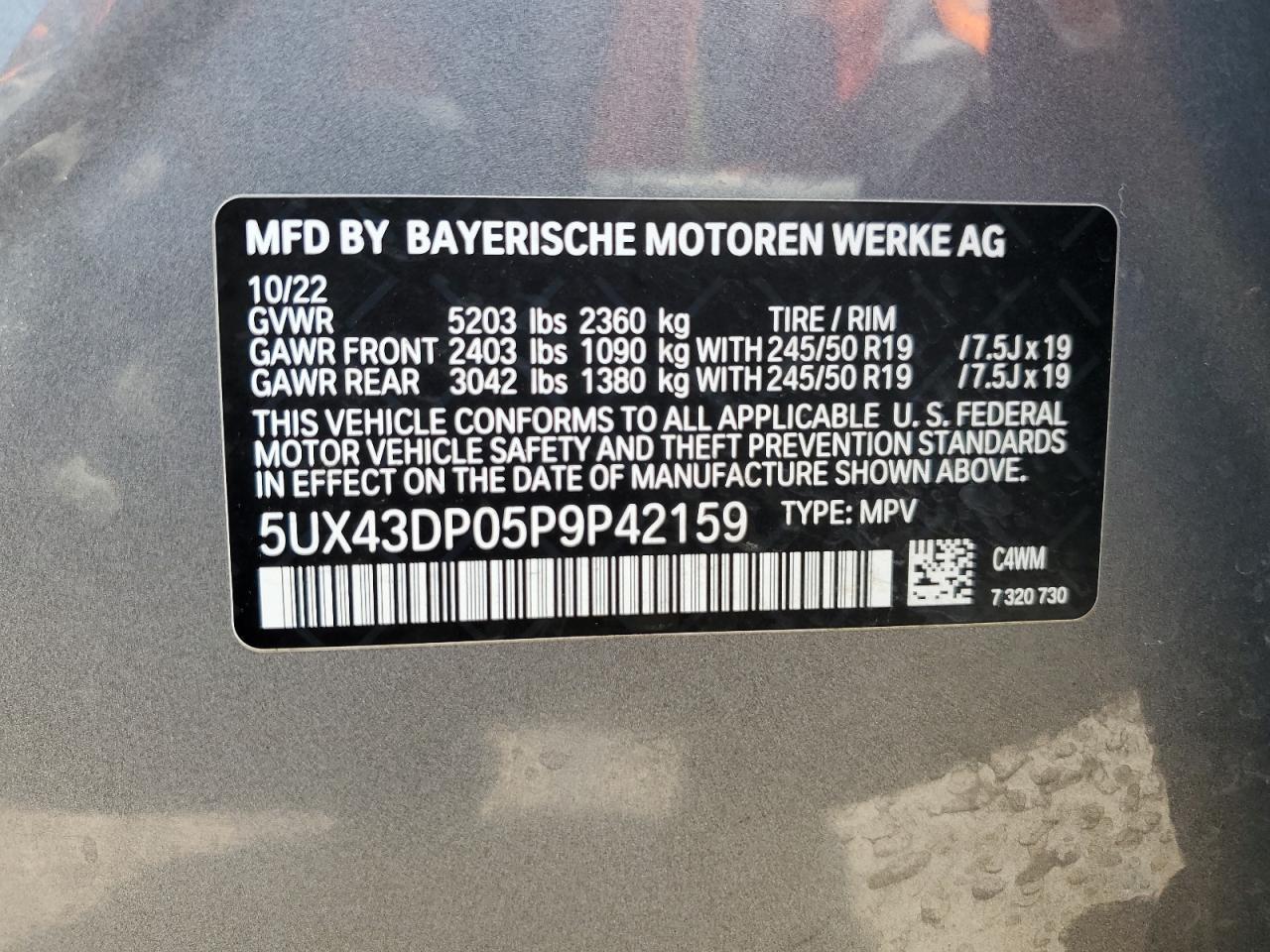 2023 BMW X3 SDRIVE30I VIN:5UX43DP05P9P42159