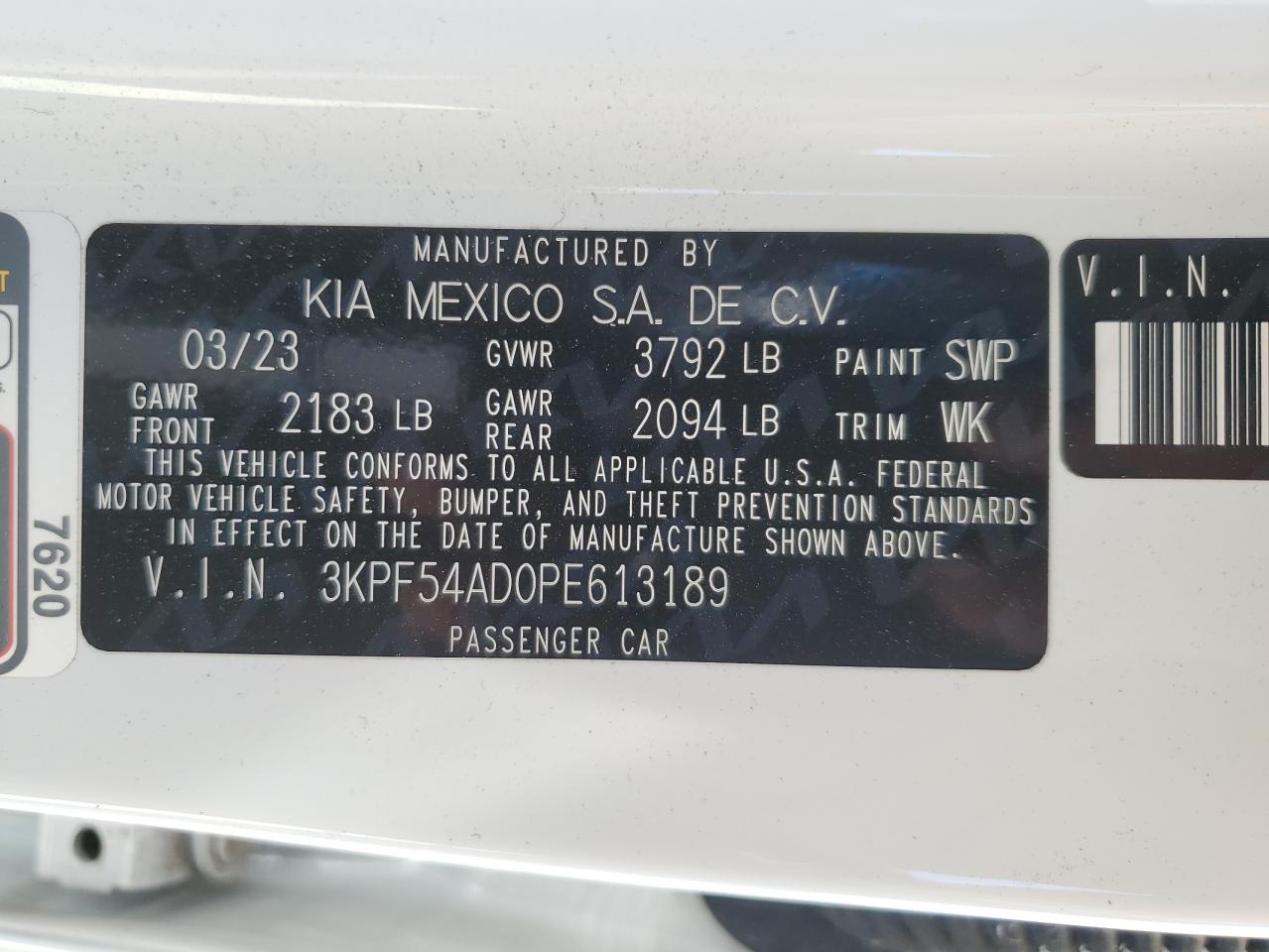 2023 KIA FORTE GT LINE VIN:3KPF54AD0PE613189