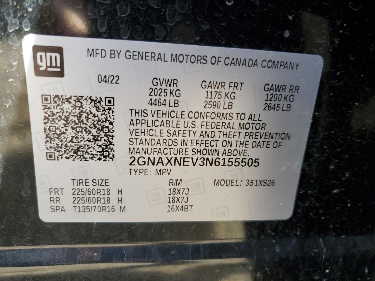 2022 CHEVROLET EQUINOX PREMIER VIN:2GNAXNEV3N6155505